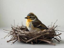 A small bird with yellow and brown feathers sitting in a nest made of twigs, with a plain white background photo