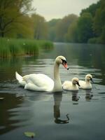 A swan with two cygnets swimming in a lake, the background shows a forest with green trees and grass photo