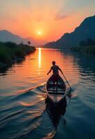 A white man, rowing a boat in a river at sunset with mountains in the background photo