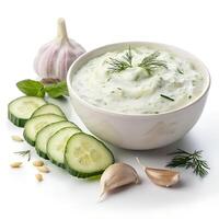 Tzatziki, A yogurt-based sauce with cucumber and garlic, isolated on a white background photo