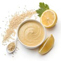 Tahini Sauce, Made from ground sesame seeds, often mixed with lemon and garlic., isolated on a white background photo