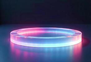A luminous ring with pink and blue neon lights, the ring is on a reflective surface, dark background photo