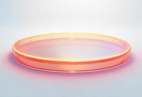 A luminous orange ring with a transparent center, casting a soft glow on a white surface, creating a futuristic and minimalist aesthetic photo