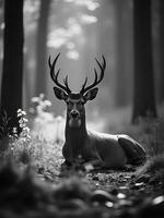 A deer with big antlers resting in a forest, black and white, tall trees in the background photo