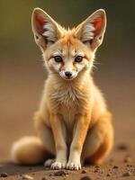 A fennec fox with light brown fur and large ears sitting upright, looking directly at the viewer, with a blurred brown background photo
