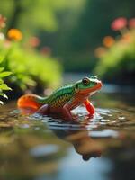 A vibrant Iberian Ribbed Newt swimming in a clear, shallow stream during a sunny spring afternoon, surrounded by lush green vegetation and colorful wildflowers photo