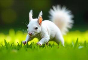 A white squirrel with black eyes in a green grass field, small ears, fluffy tail, small paws, cute, adorable, nature background photo