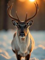 A reindeer with large antlers standing in the snow, illuminated by the warm glow of the setting sun, forest in the background photo
