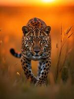 A leopard with yellow eyes walking in the water, green vegetation in the background, in a jungle environment photo
