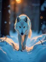 White wolf walking in the snow, intense eyes, winter forest background photo