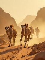 A group of camels walking through a desert landscape with rocky mountains in the background, the scene is dusty and the light is warm photo