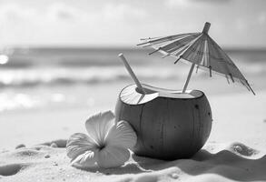 A coconut cocktail with a paper umbrella and a straw, next to a flower on a white sand beach photo