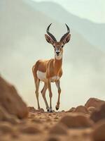 A brown gazelle with long horns standing on a rocky desert landscape, with a light tan background photo