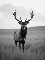 un grande alce con enorme cornamenta en un campo de alto césped, negro y blanco fotografía foto