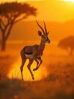 A brown antelope running in a field of grass, with a tree in the background, during a sunset with orange tones photo