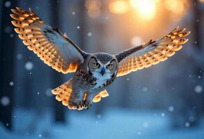 An owl with open wings flying in the snow, yellow eyes, brown and white feathers, winter background with trees and snow photo