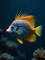 A colorful striped fish with yellow fins and spiky dorsal fin swimming in a dark blue ocean with coral reefs in the background photo