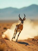 A brown antelope running fast in the desert, dust behind it, brown and arid landscape, mountains in the background photo