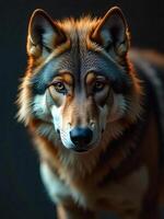 A wolf with brown and gray fur, piercing orange eyes, and a focused gaze, standing in a natural outdoor setting with soft, diffused lighting photo