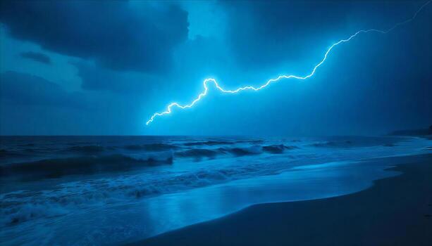 A lightning strike over the ocean, the waves crashing on the shore, dark clouds in the sky, blue color palette photo