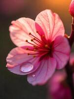 A pink cherry blossom with water drops on its petals, showcasing its delicate texture and vibrant color, with a blurred background photo