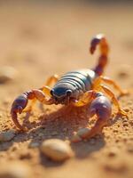 A scorpion with orange legs and claws, a dark blue carapace, on a sandy ground with small rocks photo