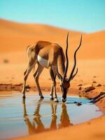 An antelope with long horns drinking water in a puddle, the background is a desert with orange sand and a clear blue sky photo
