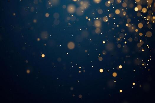 Golden bokeh lights floating in the air, creating a magical and festive atmosphere, dark blue background, soft and dreamy effect, elegant and sophisticated design photo