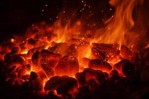 Burning coal with flames and sparks, hot temperature, dark background, close-up shot, high contrast, vibrant colors, dynamic composition photo