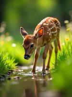 A brown fawn with white spots, walking on a puddle, in a green field with some yellow flowers photo