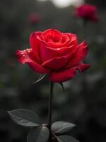 A red rose with water drops on a long stem in a garden with a dark background photo