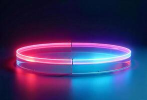 A neon ring with red and blue lights on a reflective surface, dark background, futuristic design, vibrant colors, modern aesthetic, minimalist composition photo