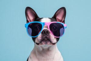 A boston terrier with black and white fur wearing pink and blue sunglasses, looking at the camera in front of a light blue background photo
