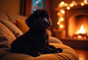 A black puppy with curly hair sitting on a yellow couch, fireplace with lights in the background, cozy indoor environment photo