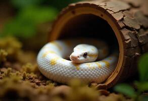 Albino ball python snake coiled inside a hollow log, the snake has white scales with yellow spots, brown dirt and green moss background photo