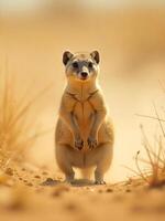 A yellow mongoose standing on two legs, looking at the camera, in a desert environment with some grass photo