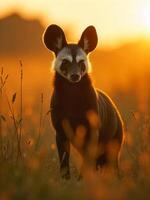 A bat-eared fox with black fur and white markings around its eyes, standing in a grassy field at sunset, with a warm, golden light illuminating the scene photo