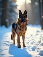 A german shepherd dog with black and brown fur, standing in the snow, with a forest in the background photo