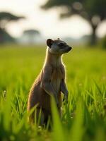 A meerkat standing in a green field, looking to the right, with a blurred background of trees and sky photo