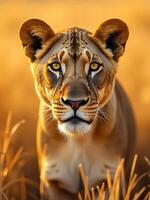A lioness with yellow eyes, short brown fur, black spots on the nose in a field with dry grass during the sunset photo