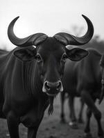 A black wildebeest with large curved horns, standing in a field with other wildebeests in the background photo