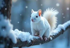 Albino Squirrel Rare with pink ears sitting on a snowy branch, winter background with falling snow, bright light, cute, detailed fur, fantasy photo