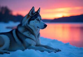 A husky dog with blue eyes lying on the snow, pink and orange sunset in the background with a lake and mountains photo