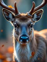 A deer with antlers in a forest with orange leaves on the ground photo