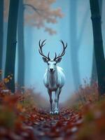 A white deer with big antlers in the middle of a forest with tall trees and fallen leaves on the ground, foggy background photo