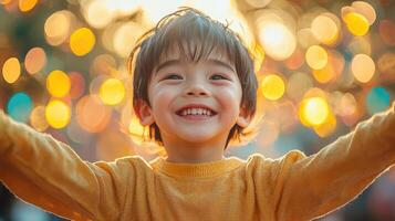 Cheerful child with outstretched arms, surrounded by colorful bokeh lights. photo