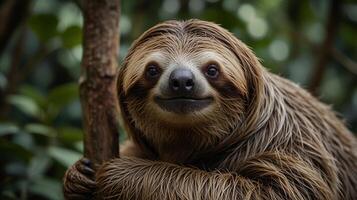 Portrait of a sloth looking and holding on to a branch photo