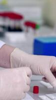 Medical assistant works with samples. Hands of medical worker in sterile gloves uses pipette during test analysis in the laboratory. Vertical video