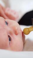 Dad's hand giving a pacifier to a newborn. Baby takes a pacifier and starts to sick it. Close up. Vertical video