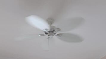 Ceiling fan spins rapidly in a bright indoor space during daytime, bringing cool air to the room video